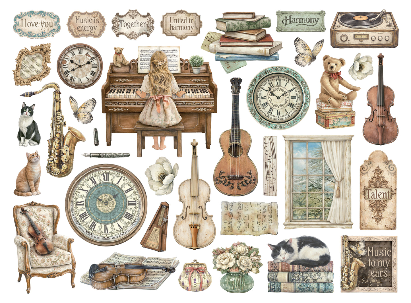 Collage of vintage-style items including clocks, musical instruments, and decorative objects on a white background.