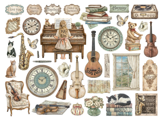 Collage of vintage-style items including clocks, musical instruments, and decorative objects on a white background.