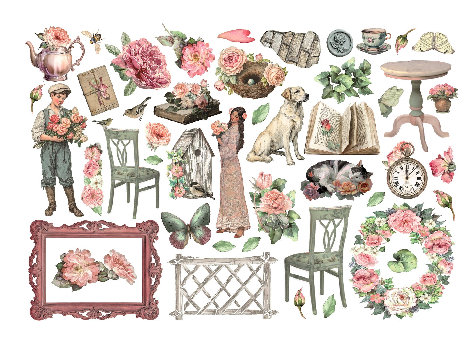 House of Roses table, chair, boy, cup, fence ephemera spread out