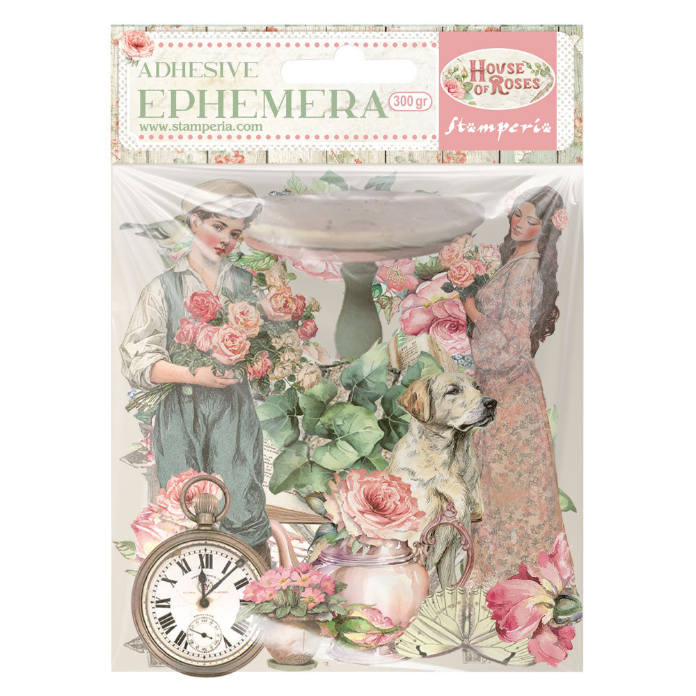 package of Stamperia house of roses paper die cuts on a white background - roses, stop watch, boy, woman