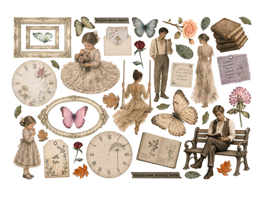 A vintage-style collage of illustrated elements including butterflies, framed art, clocks, flowers, books, envelopes, and small figures of people in old dresses, arranged on a white background.