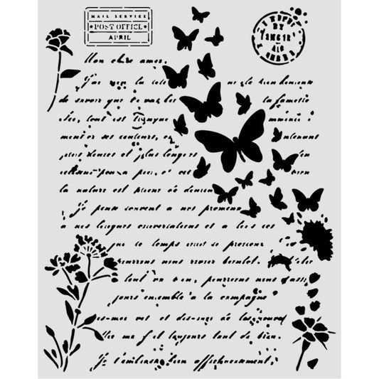 The Stamperia Flowers and Poems Letter and Butterflies Stencil layers a handwritten French letter with a flight of butterflies, wildflowers, and vintage postal marks on a white background