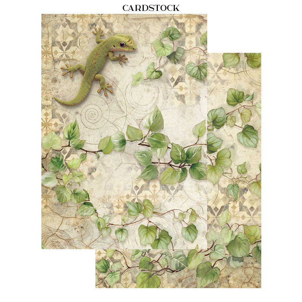 Cardstock with green lizard and leaf design on a textured background