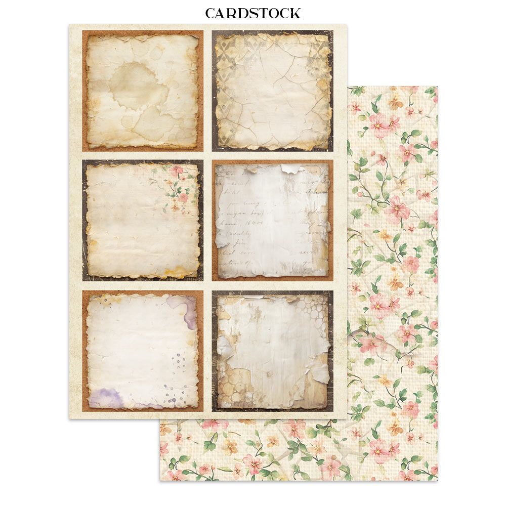 Collection of cardstock sheets with various designs on a white background