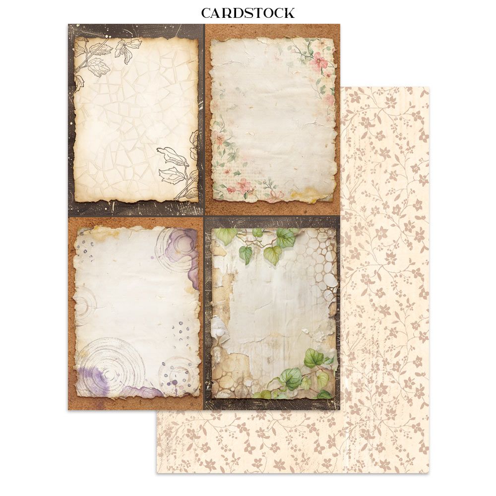 Set of cardstock sheets with vintage designs on a white background
