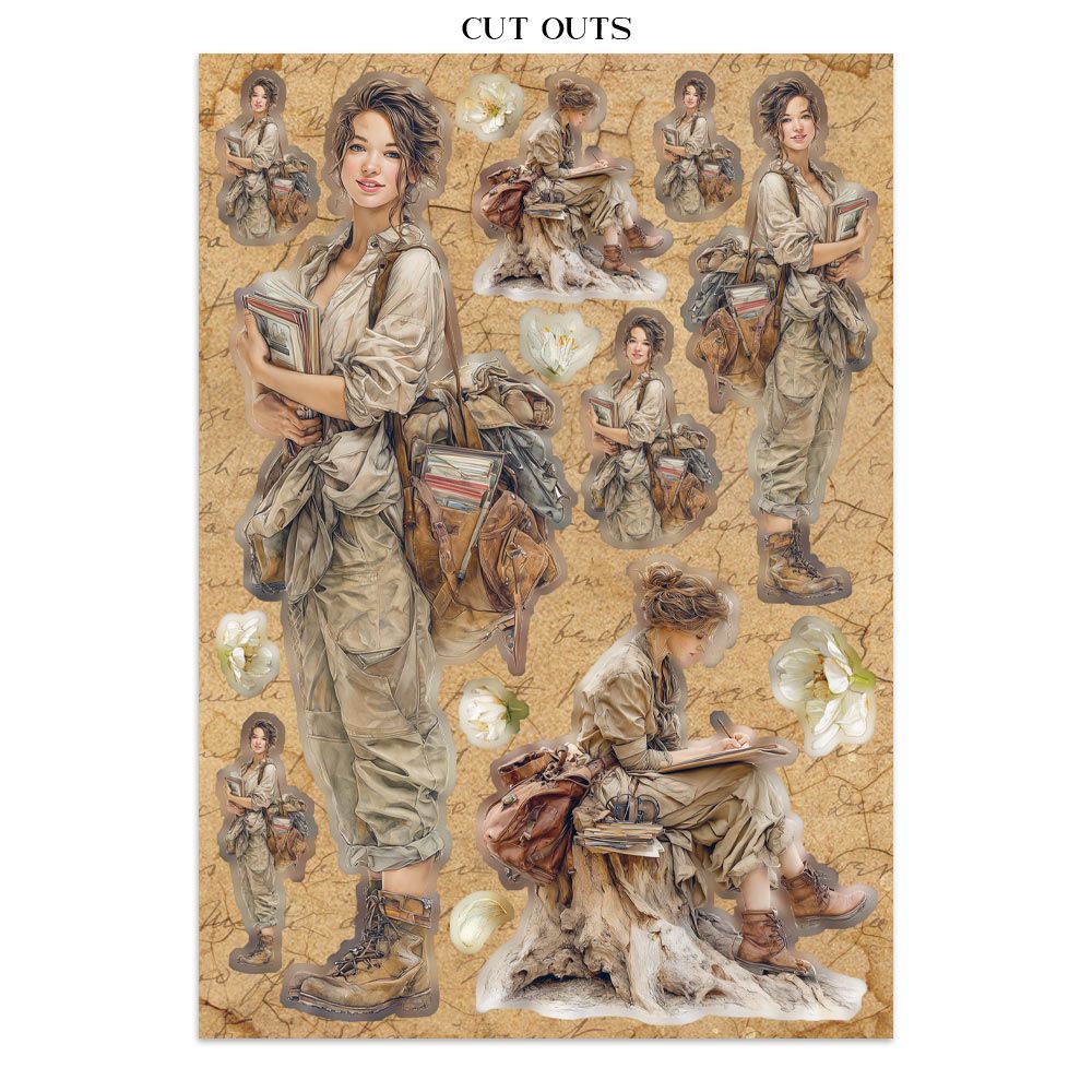 Collage of a woman holding books on a vintage map background with 'Cut Outs' text above.