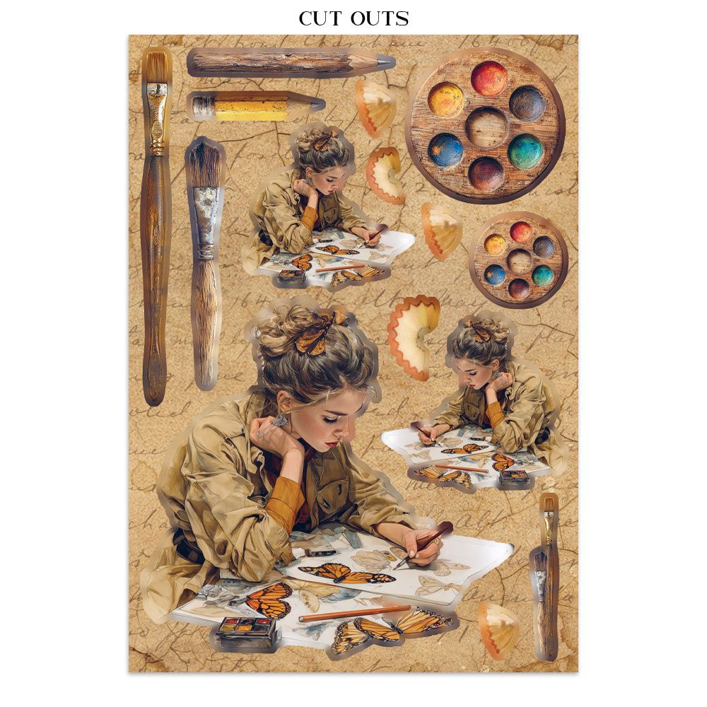 Illustration of a woman studying butterflies with art supplies on a textured background