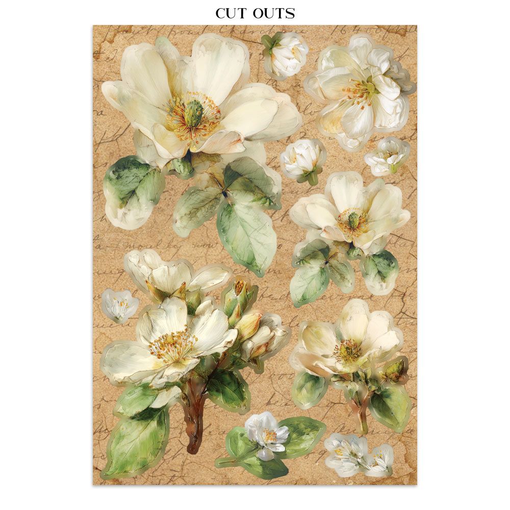 Decorative paper with white flowers and green leaves on a textured beige background