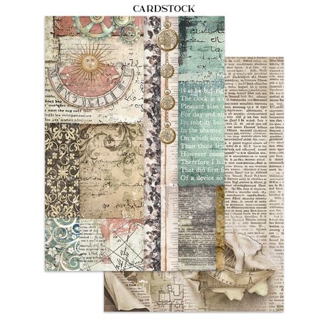 Collection of vintage-style cardstock sheets with intricate designs and text.