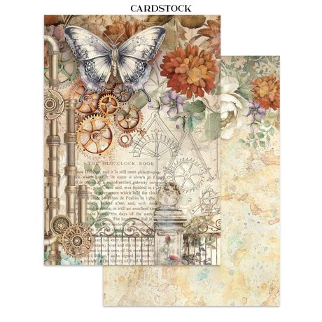 Two pieces of cardstock with vintage design featuring gears, flowers, and a butterfly.