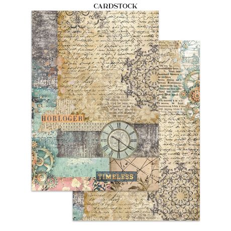 Vintage-themed cardstock with clock design and text on a white background