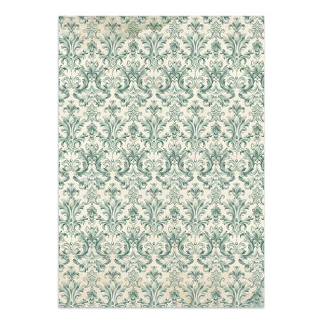 Teal and white floral damask pattern on a white background