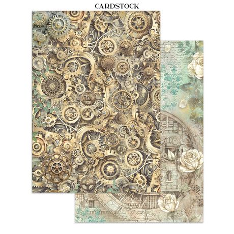 Steampunk-themed cardstock with intricate mechanical design and floral elements.