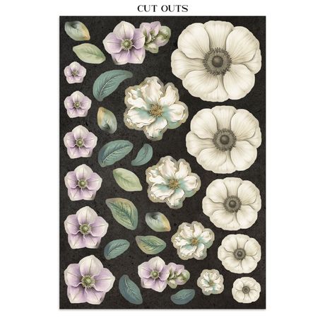 Floral cutouts with white and purple flowers on a black background