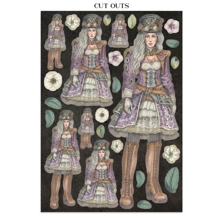 Cutout paper dolls with detailed clothing and accessories on a black background with flowers.