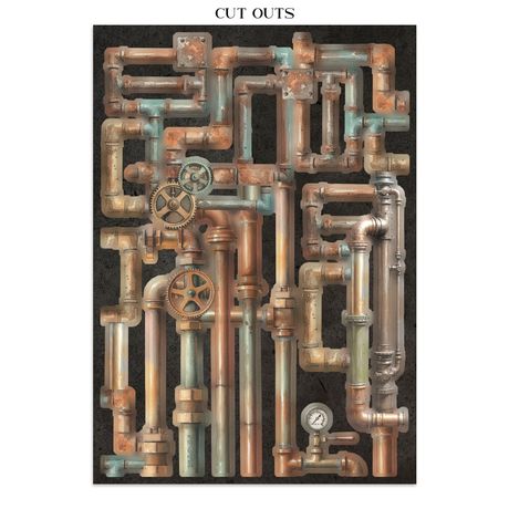Decorative wall art with steampunk-style pipes and gears on a black background