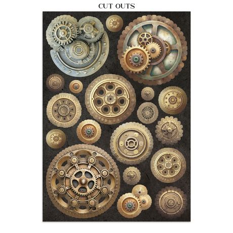Collection of steampunk-style gears on a dark background with 'Cut Outs' text at the top.