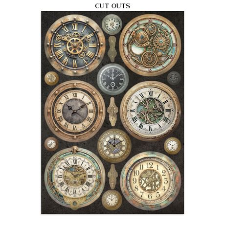 Collection of vintage clock designs on a dark background