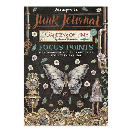 Stamperia Junk Journal with butterfly and clock design on a black background