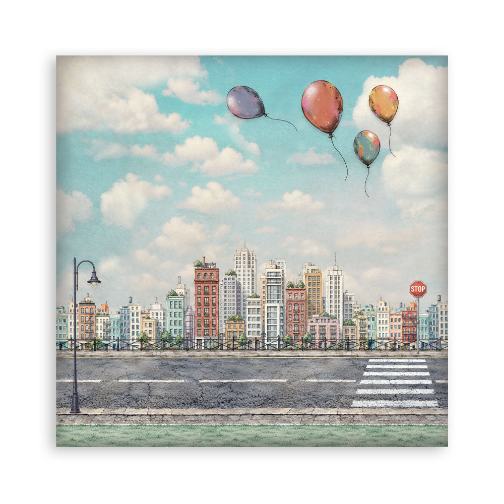 A square art paper print depicting a whimsical cityscape with pastel-colored buildings, a crosswalk, a street lamp, and three floating balloons in a light blue sky with clouds.