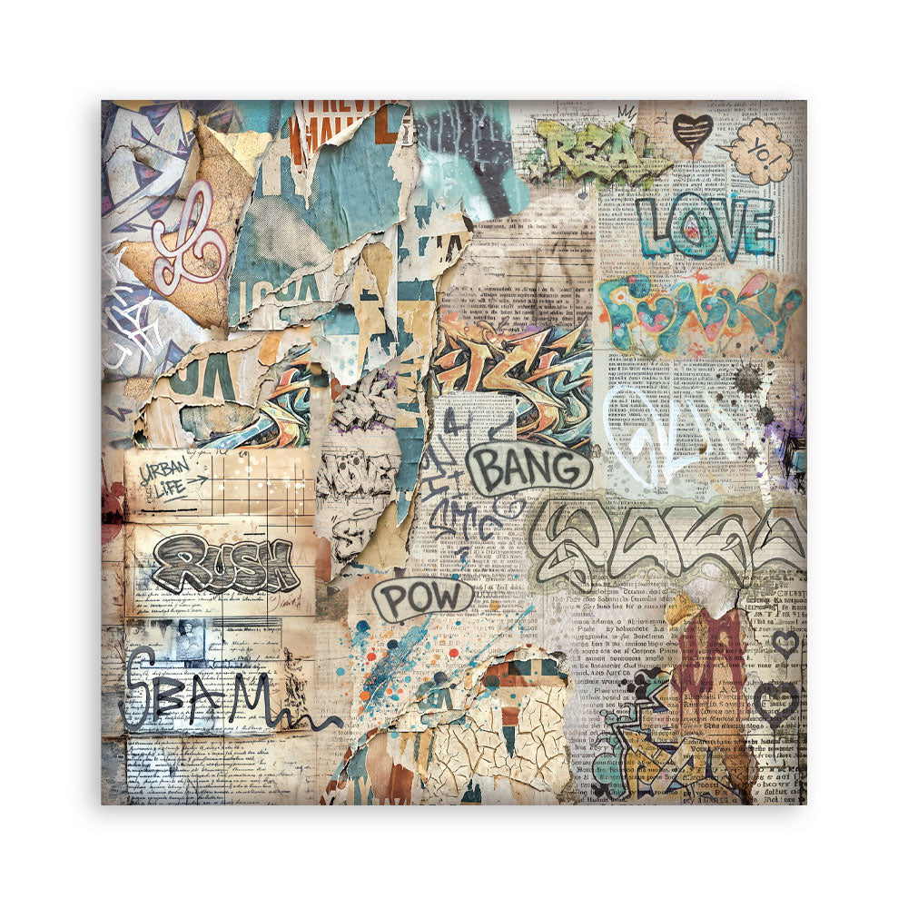 A square sheet of paper featuring a distressed, collage-style graffiti design with layered newspaper textures, spray-paint tags, hearts, and words like LOVE, SPAM, BANG, and RUSH in muted beige, blue, brown, black, and white tones.