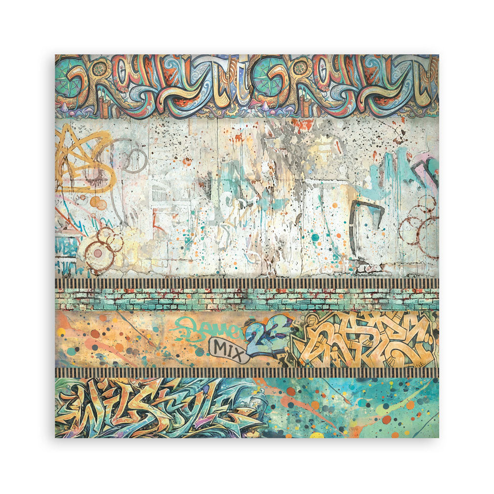 A square sheet of paper featuring graffiti art and a textured collage of colorful spray paint, tags, splatters, and layered graffiti designs in blue, orange, yellow, green, and white.