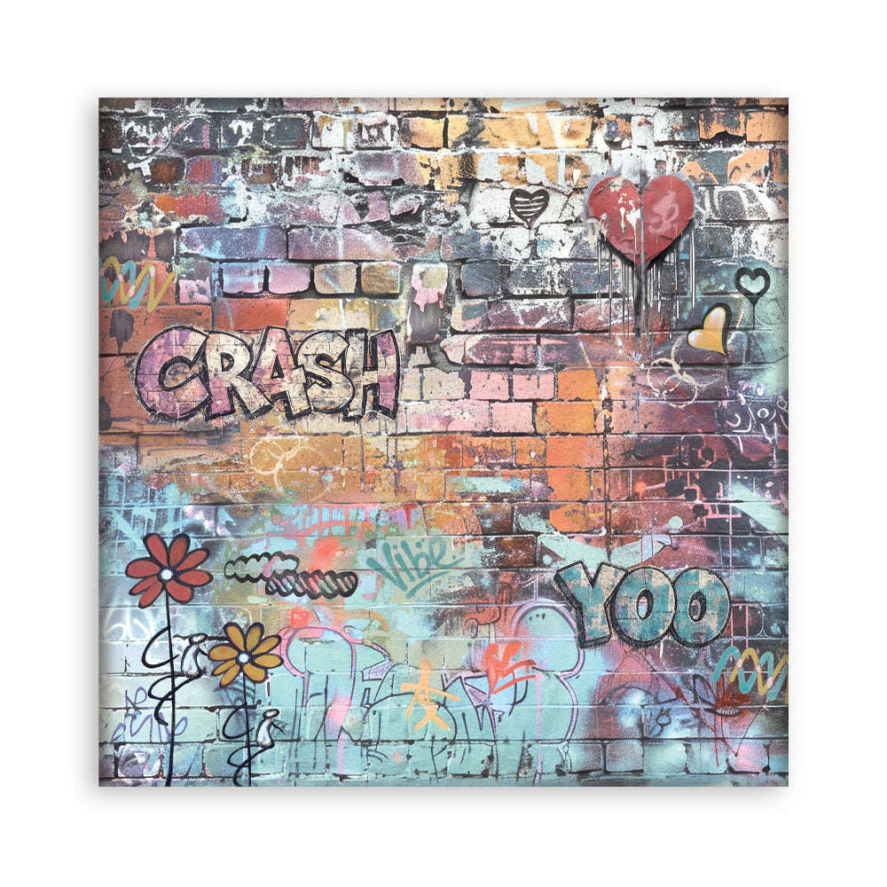 A square sheet of paper featuring a colorful graffiti-style brick wall design with the words 'CRASH' and 'YOO', flowers, hearts, and layered paint splatters in pink, blue, orange, red, black, and white.