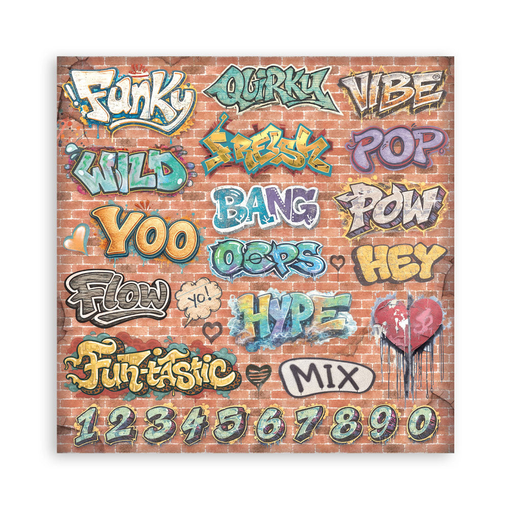 A square sheet of paper  featuring a collection of colorful graffiti-style street art words and numbers on a brick wall background.
