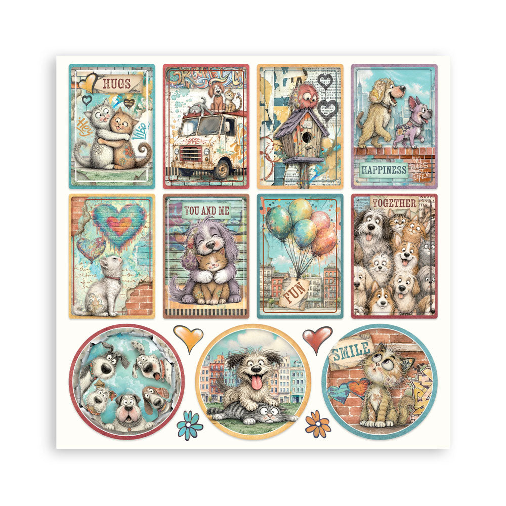 A square sheet of paper featuring vintage-style illustrations of dogs, cats, birds, and hearts in multiple colorful panels, plus three circular sticker designs at the bottom.