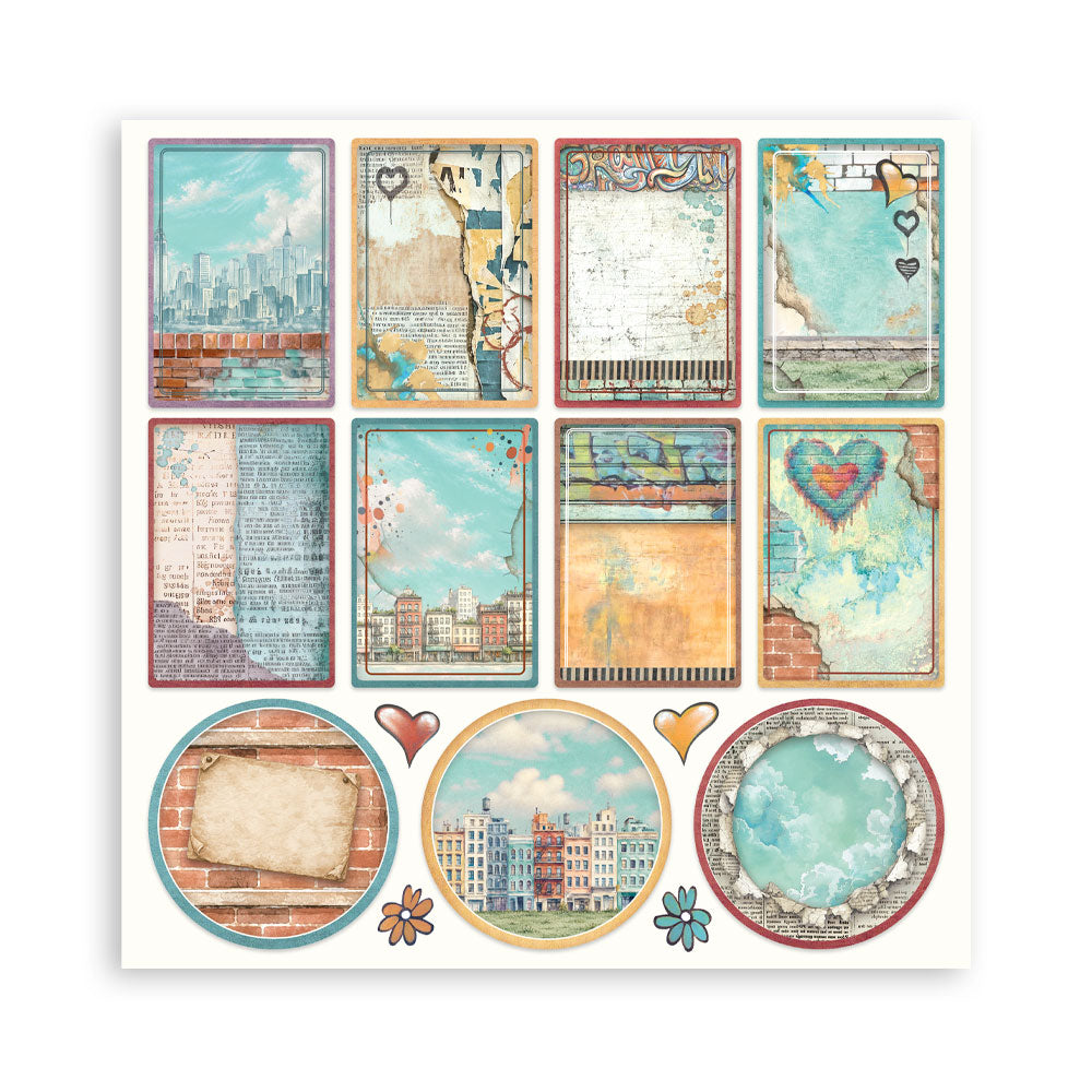 A sheet of mixed-media scrapbooking stickers featuring a vintage, distressed aesthetic with teal, beige, and orange tones. The sheet includes nine rectangular cards with cityscapes, text fragments, and hearts, and three circular stickers with brick textures, a building, and a blue water design.