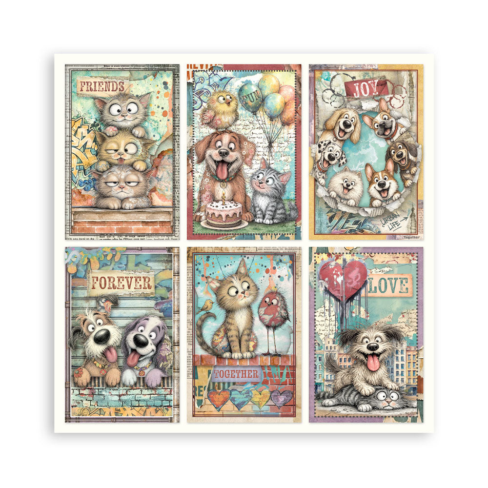 A square sheet of paper featuring a 2x3 grid of six whimsical vintage-style illustrations with cats and dogs, including text such as 'FRIENDS,' 'JOY,' 'FOREVER,' 'LOVE,' and 'TOGETHER.'.