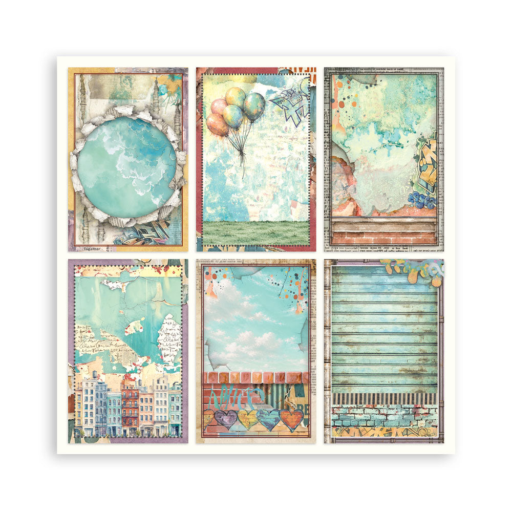 A square sheet of paper featuring six vintage-style illustrated panels arranged in a 2x3 grid on a white background. The designs include a globe in a frame, balloons, abstract textures, a coastal cityscape, a balcony scene, and a shuttered window, all in soft pastel tones with distressed textures.
