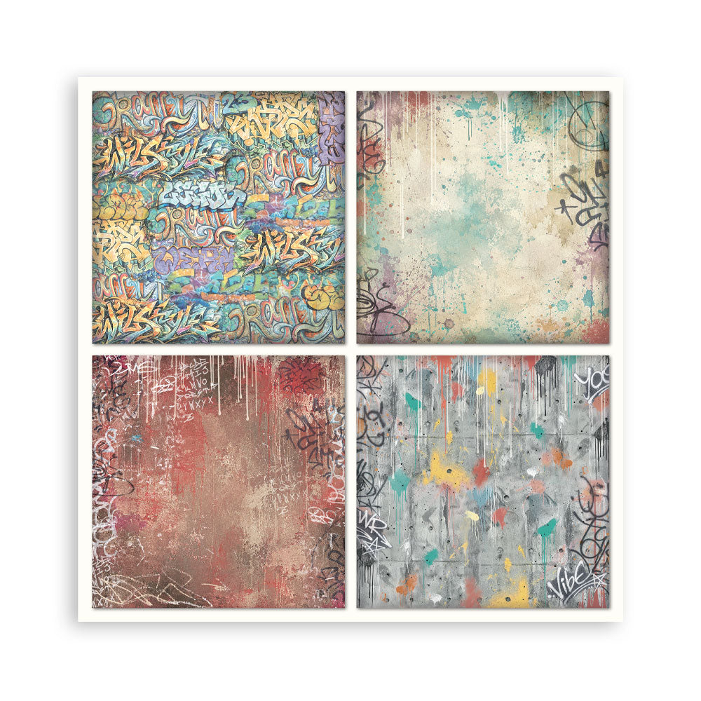 A square paper featuring a four-panel collage of abstract graffiti-style designs in mixed colors, including blue, yellow, red, gray, and beige, with a white border around the print.