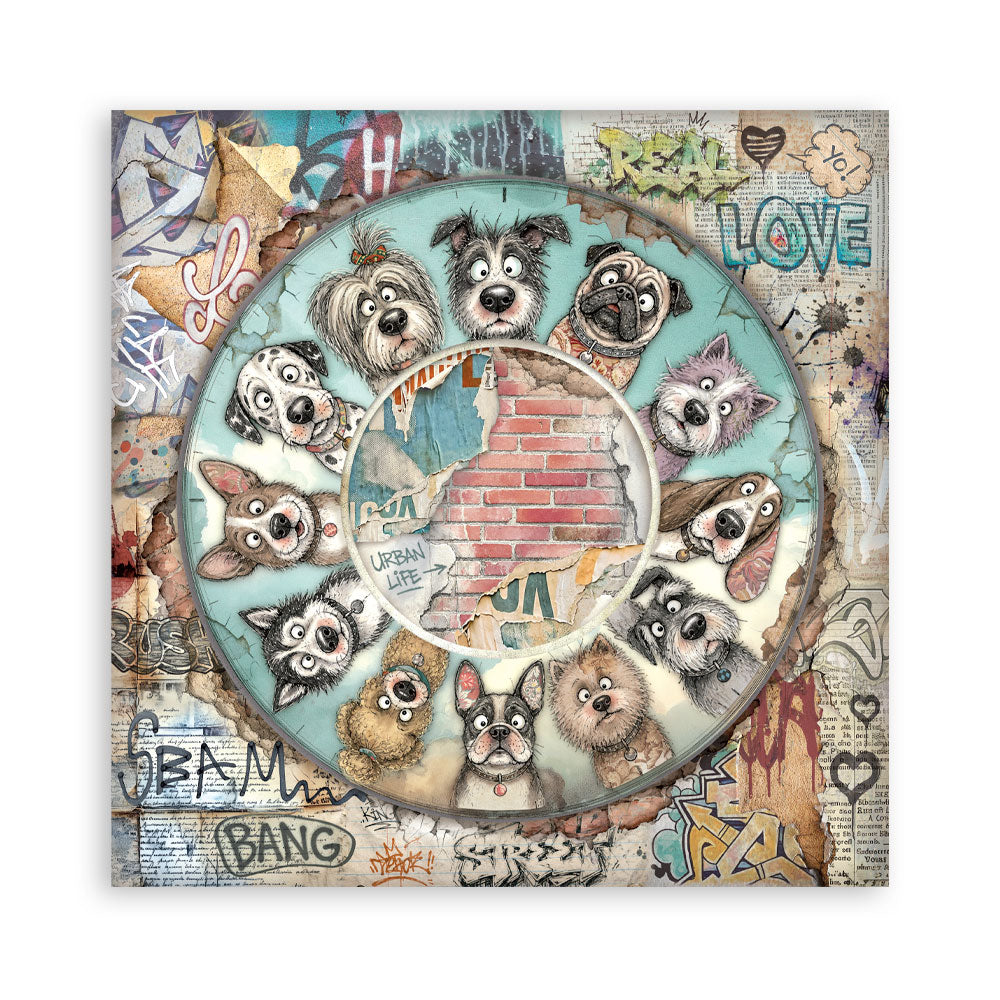 A square sheet of paper featuring a circular collage of illustrated dog faces around a central brick-pattern circle, set against a graffiti-style background with colorful text and doodles.