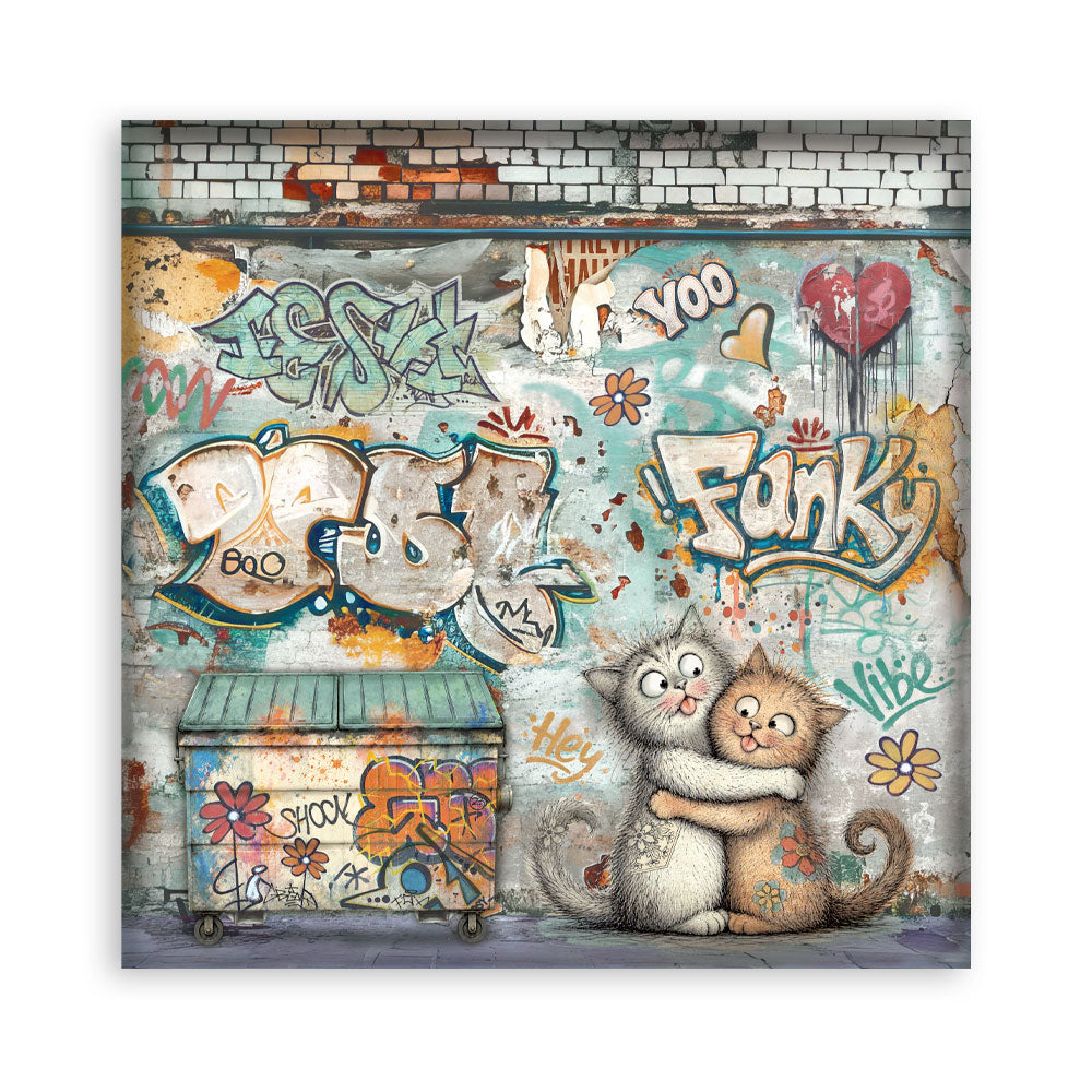 A square sheet of paper featuring a colorful graffiti-style mural with two hugging cats at the bottom right, shown against a plain white background.