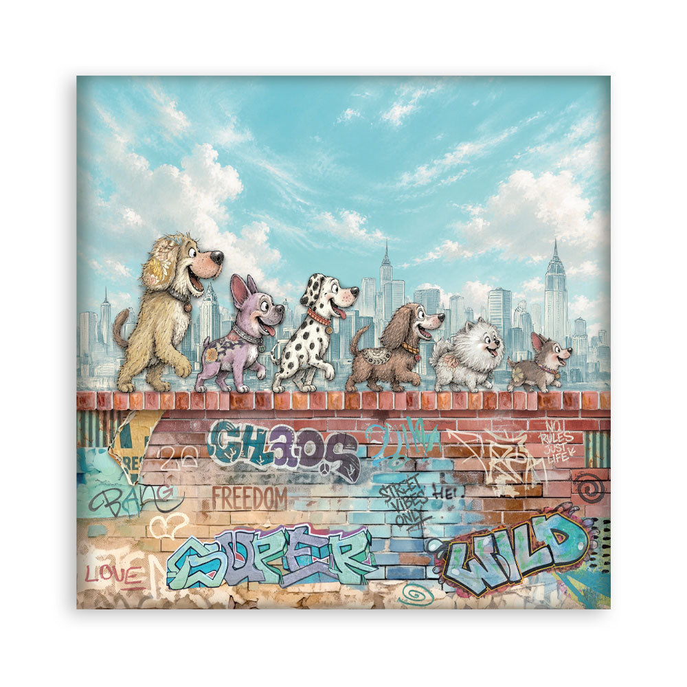 A square sheet of paper featuring a whimsical illustration of six dogs standing on a brick wall with graffiti, set against a city skyline and blue sky. The print is shown centered on a clean white background.