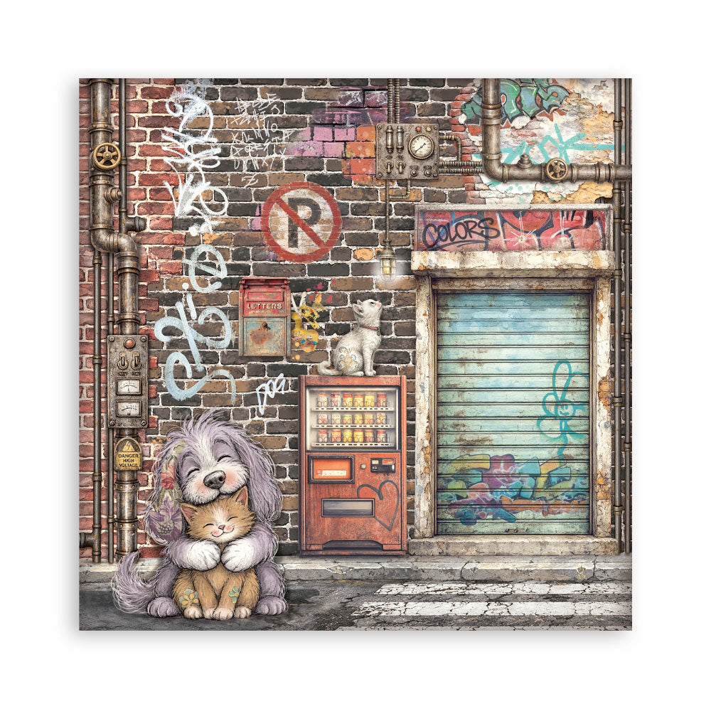 A square sheet of paper depicting a cozy urban street scene with a fluffy gray dog hugging a small brown cat in front of a graffiti-covered brick wall, an old vending machine, and a closed shutter.