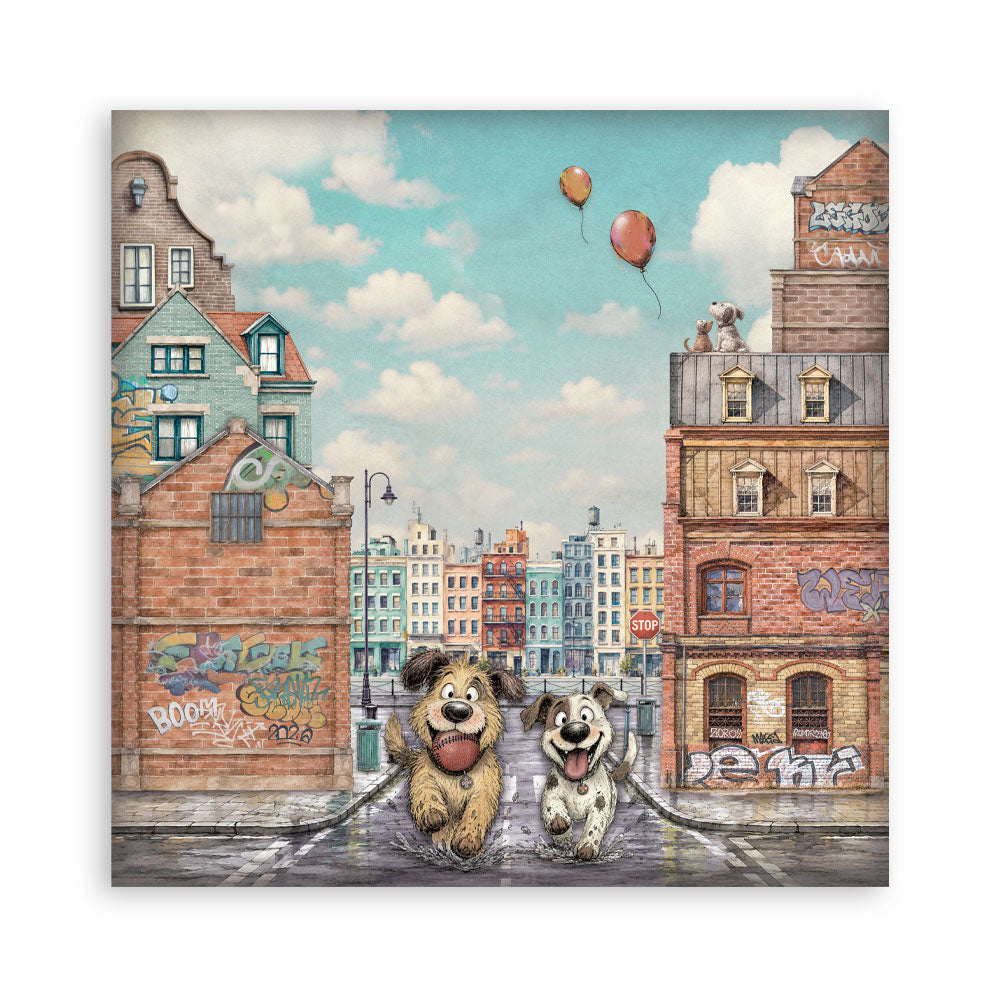 A square sheet of paper featuring an illustrated city street scene with two playful dogs in the foreground, brick buildings with graffiti, a blue sky, and two floating balloons.
