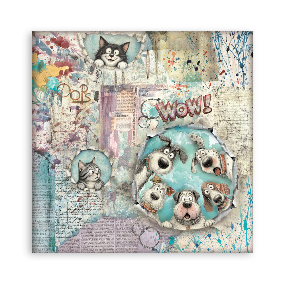 A square sheet of paper featuring a whimsical collage of cartoon dogs and cats in circular cutouts over a distressed, vintage-style background with newspaper textures, paint splatters, and comic-style text including 'WOW!'.