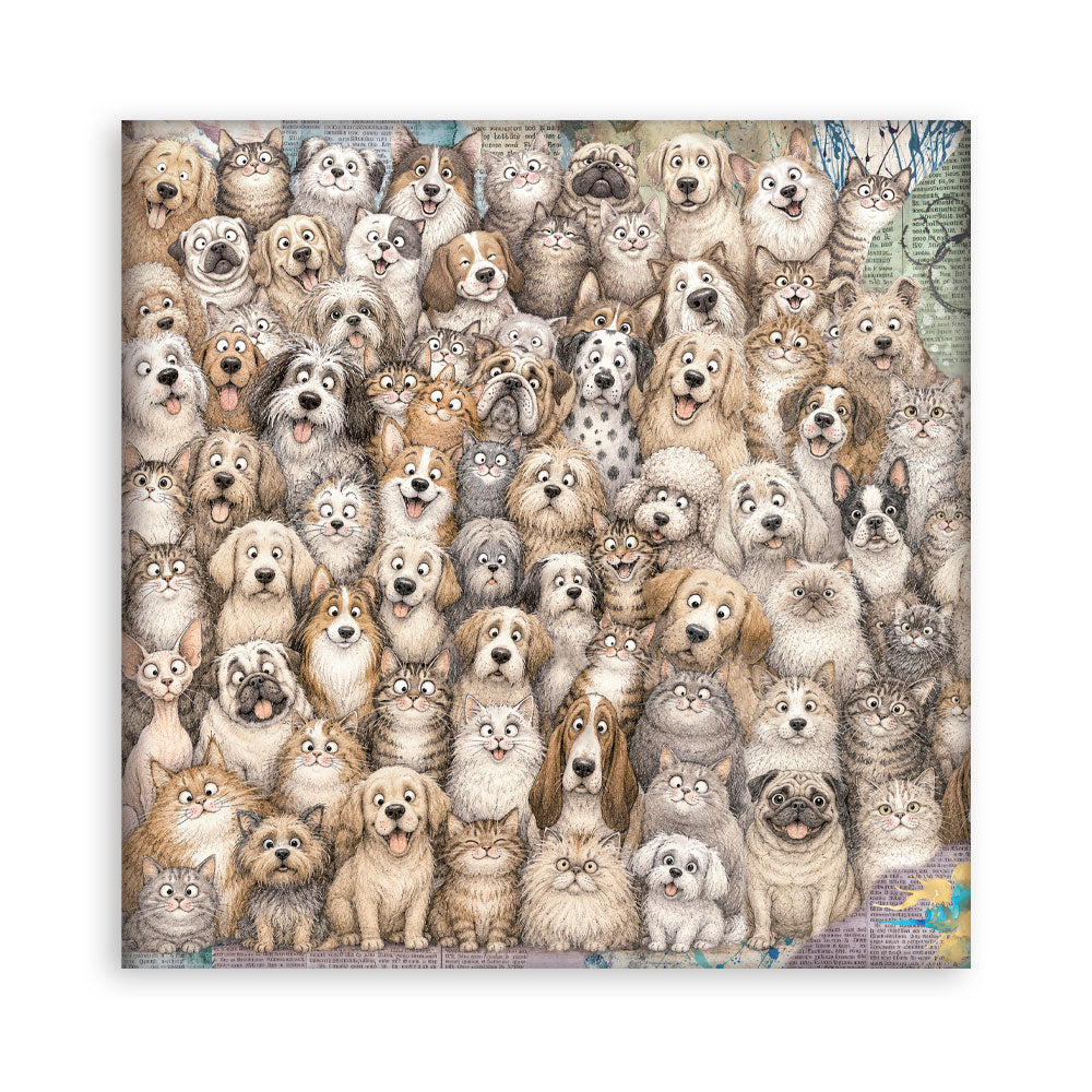 A square sheet of paper featuring a dense illustrated crowd of many different dog and cat faces, shown against a plain white background.