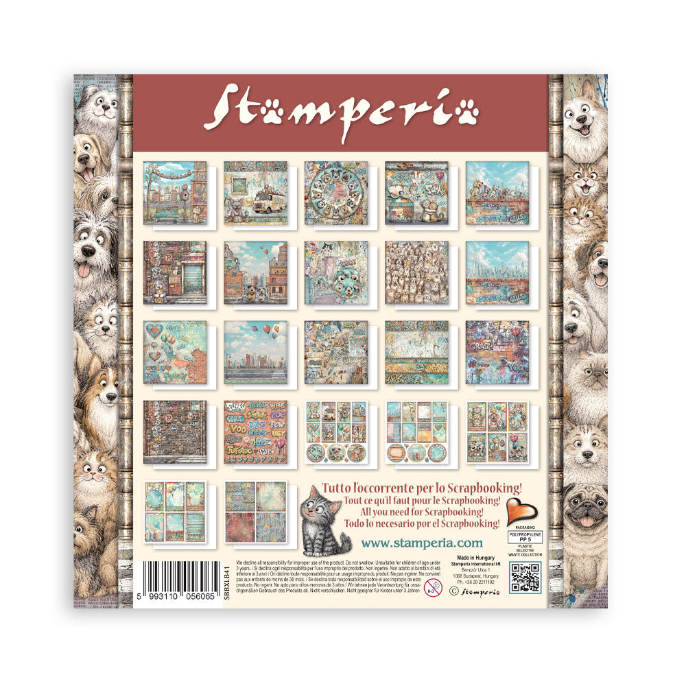 The back cover of a Stamperia scrapbooking paper pack, featuring a grid of various illustrated pattern sheets, decorative borders with dogs, and product details on a white background.