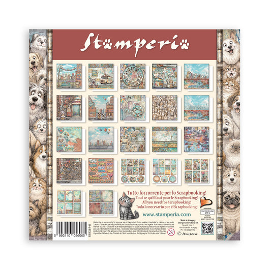 The back cover of a Stamperia scrapbooking paper pack, featuring a grid of various illustrated pattern sheets, decorative borders with dogs, and product details on a white background.