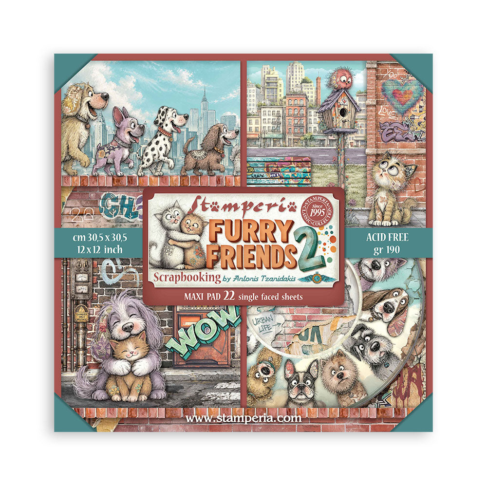 A square product package for Stamperia 'Furry Friends 2' scrapbooking mini pad sheets, showing a collage of illustrated dogs and cats with teal corner accents and product text. The package is photographed on a plain white background.