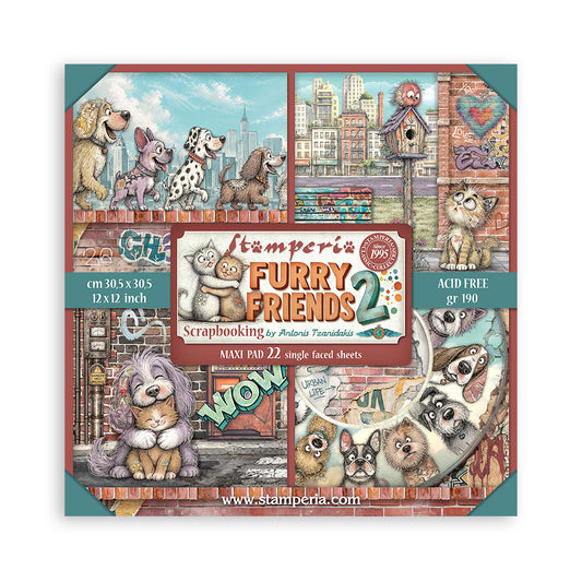 A square product package for Stamperia 'Furry Friends 2' scrapbooking mini pad sheets, showing a collage of illustrated dogs and cats with teal corner accents and product text. The package is photographed on a plain white background.