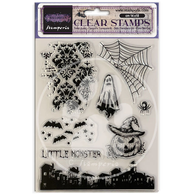Stamperia halloween shaped clear stamps, web, ghost, sky line in packaging