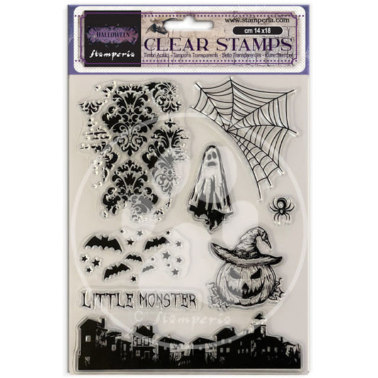 Stamperia halloween shaped clear stamps, web, ghost, sky line in packaging