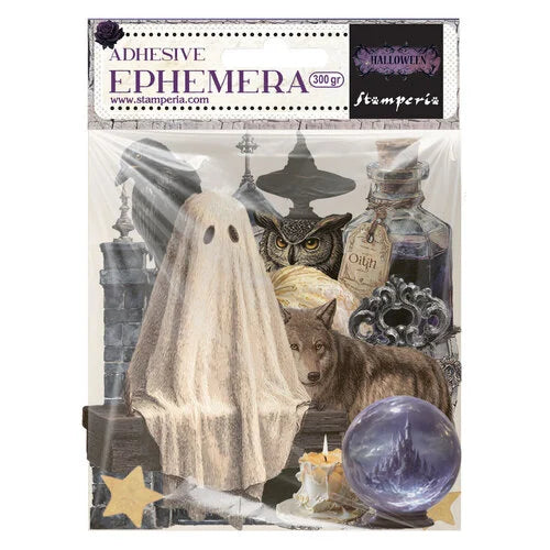 Halloween-themed adhesive ephemera pack with ghost, owl, wolf, and potion bottle on a white background.