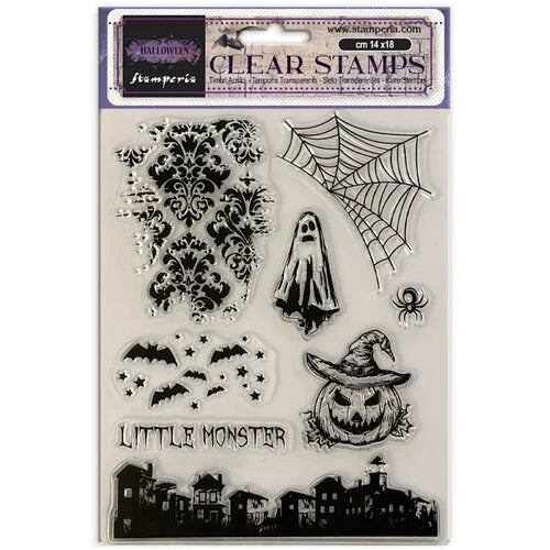 Halloween-themed clear stamps with ghost, spider, bats, and pumpkin design on a white background.