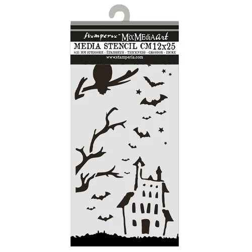 Halloween-themed stencils with a haunted house, tree, and bats on a white background.