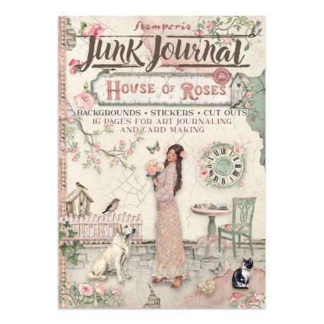 Junk Journal with decorative cover featuring a woman, dog, and cat in a garden setting.